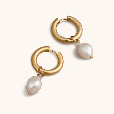 White Pearl Gold Hoops