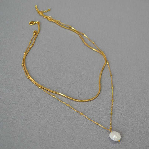 Baroque Pearl Necklace Stacked With Snake Bone Chain Design Necklace - Jewelry de Corner