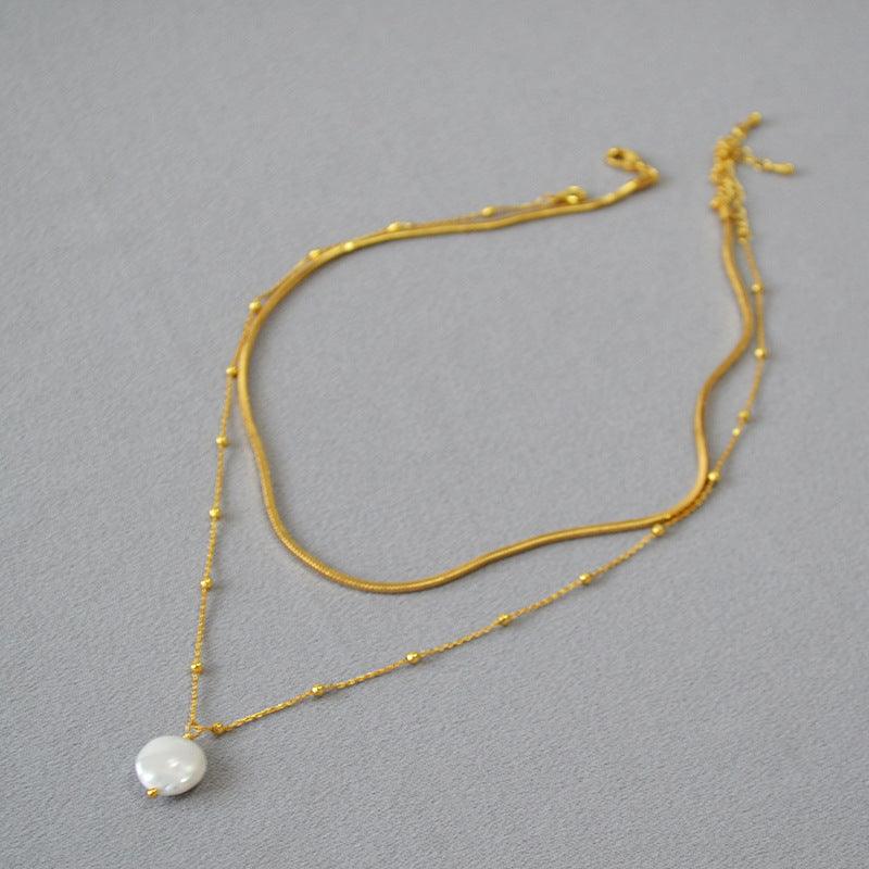 Baroque Pearl Necklace Stacked With Snake Bone Chain Design Necklace - Jewelry de Corner