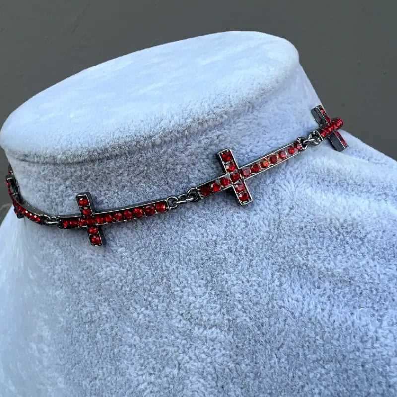 Dark Dove Blood Red Inlaid Cross Choker - Jewelry de Corner