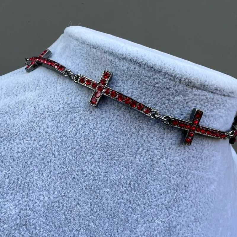 Dark Dove Blood Red Inlaid Cross Choker - Jewelry de Corner