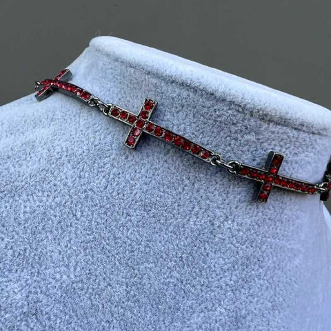 Dark Dove Blood Red Inlaid Cross Choker - Jewelry de Corner