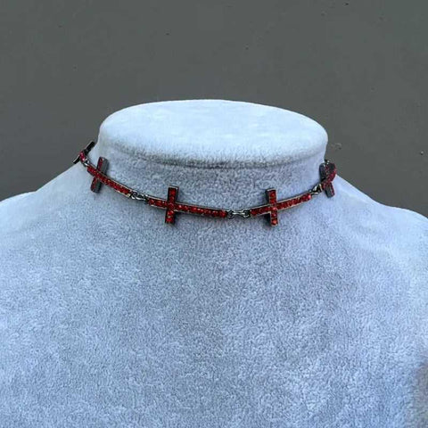 Dark Dove Blood Red Inlaid Cross Choker - Jewelry de Corner