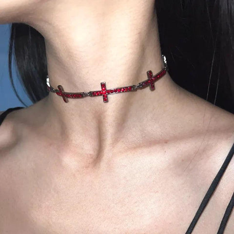 Dark Dove Blood Red Inlaid Cross Choker - Jewelry de Corner