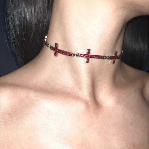 Dark Dove Blood Red Inlaid Cross Choker - Jewelry de Corner