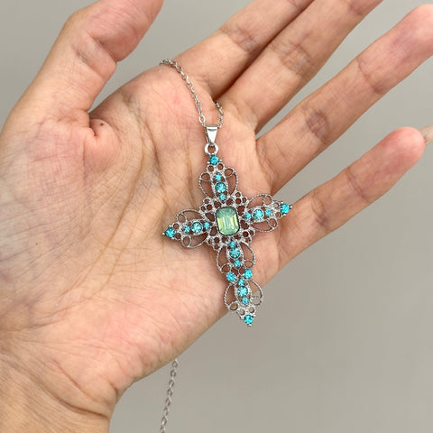 Blue Lace Cross Necklace