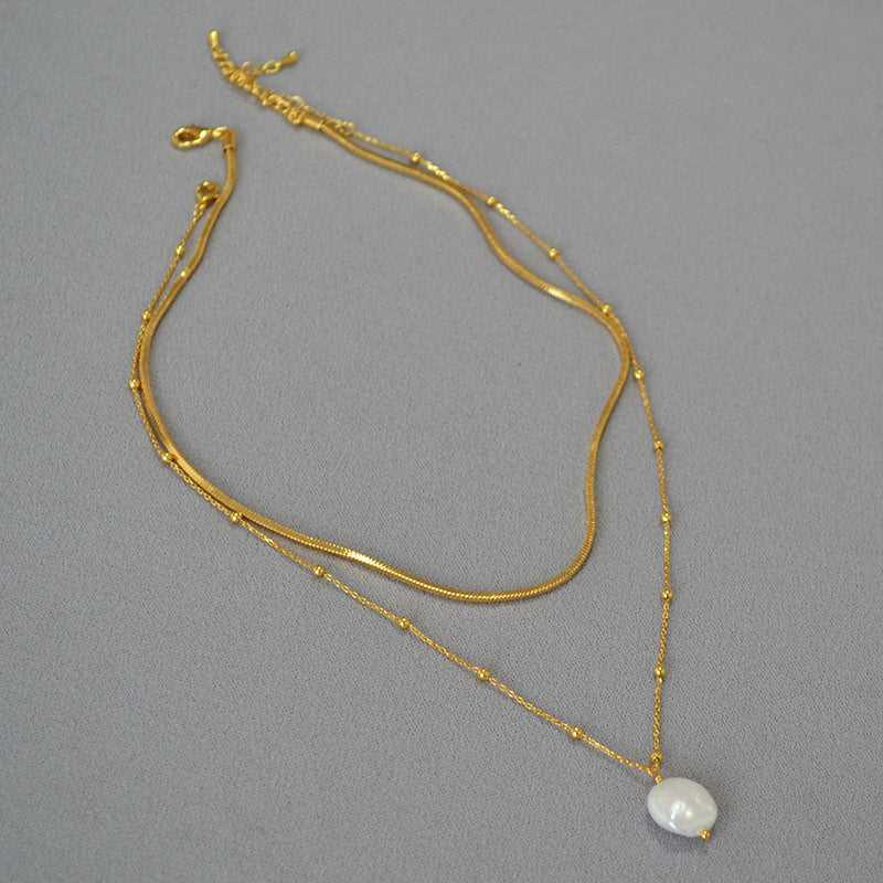 Baroque Pearl Necklace Stacked With Snake Bone Chain Design Necklace - Jewelry de Corner