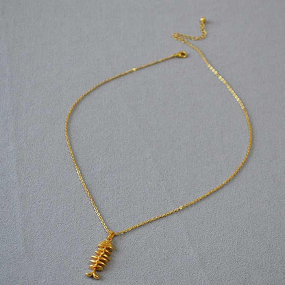 Brass Gold - Plated Fishbone Pendant Necklace - Jewelry de Corner